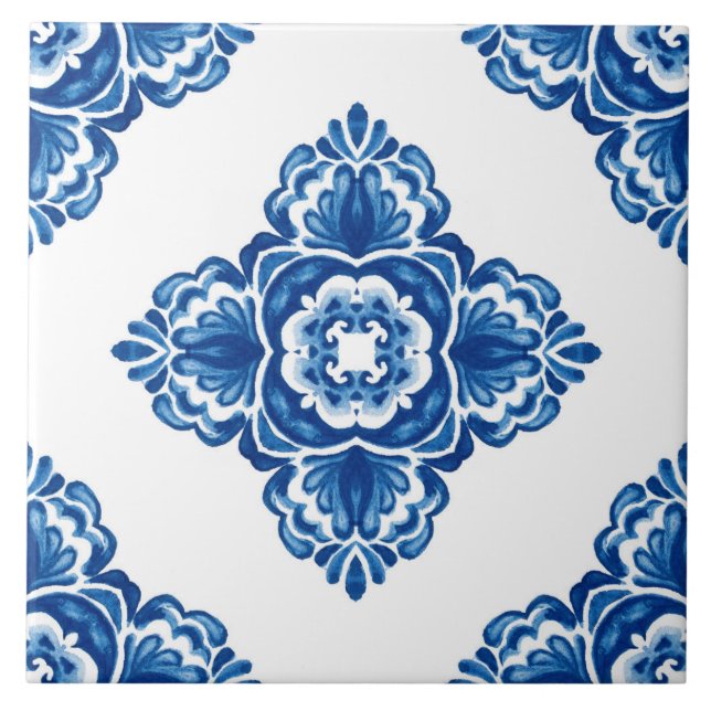 Blue and White Azulejo Decorative Ceramic Tile (Front)