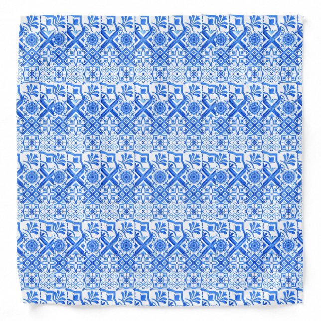 Blue and White Azulejo Spanish Azul Pattern Bandana (Front)
