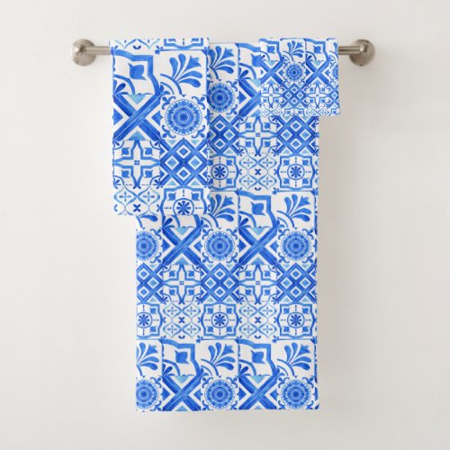 Blue and White Azulejo Spanish Azul Pattern  Bath Towel Set