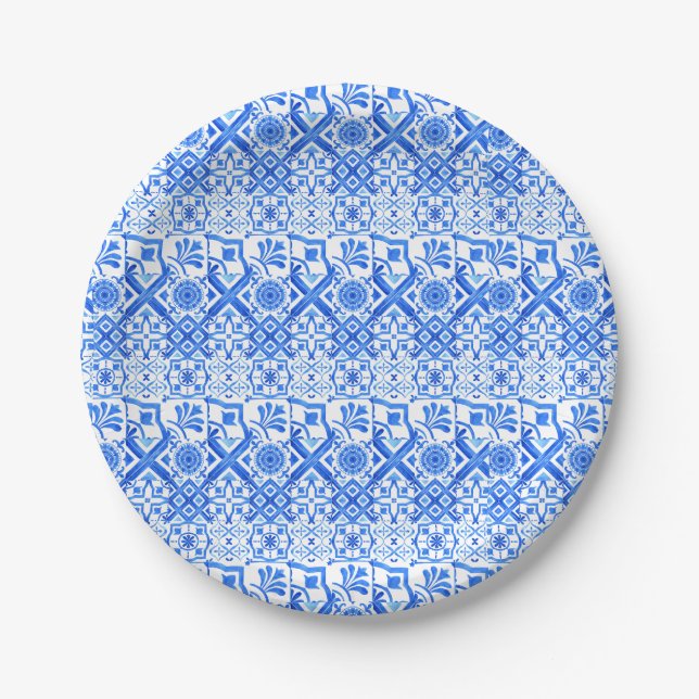 Blue and White Azulejo Spanish Azul Pattern Paper Plates (Front)