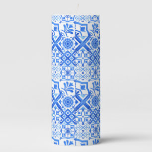 Blue and White Azulejo Spanish Azul Pattern Pillar Candle