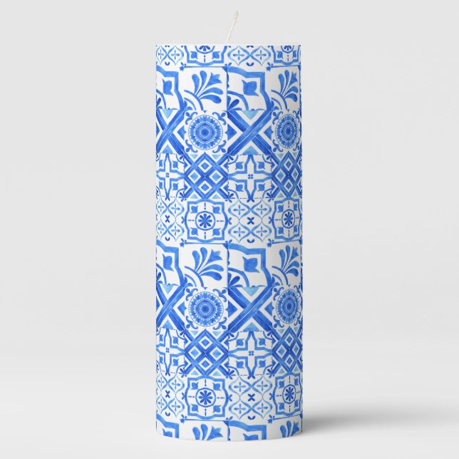 Blue and White Azulejo Spanish Azul Pattern Pillar Candle (Front)