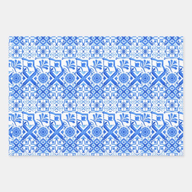 Blue and White Azulejo Spanish Azul Pattern Wrappi Wrapping Paper Sheets (Front)