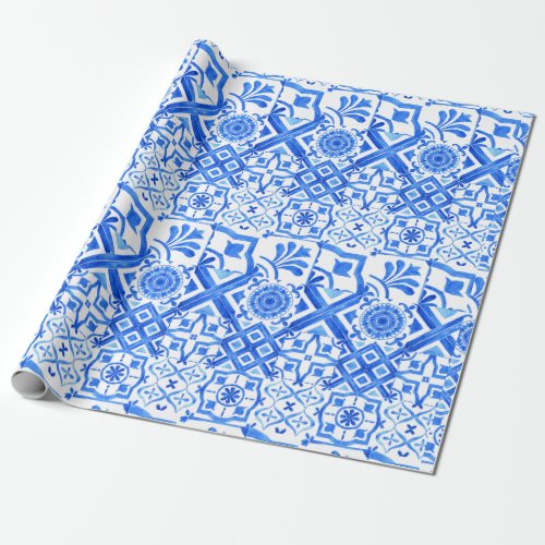 Blue and White Azulejo Spanish Azul Pattern Wrapping Paper
