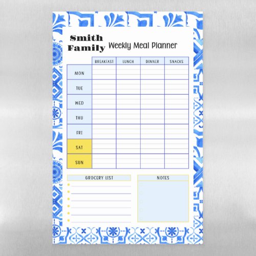 Blue and White Azulejo Spanish Meal Plan Magnetic Dry Erase Sheet