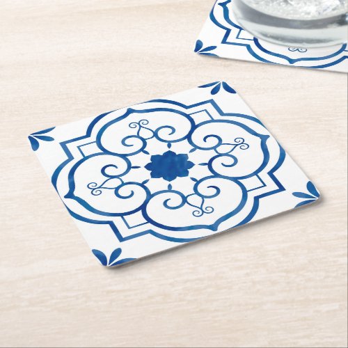 Blue and White Azulejos Vintage Pattern Portugal Square Paper Coaster