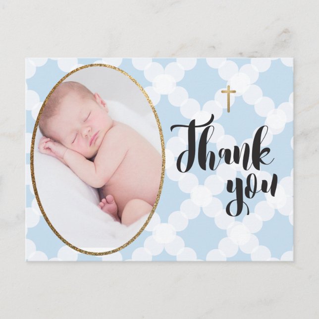 Blue and white Baby boy Baptism Thank you Postcard (Front)
