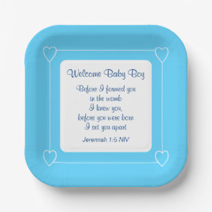 Blue and White Baby Boy Shower Party Bible Verse Paper Plates