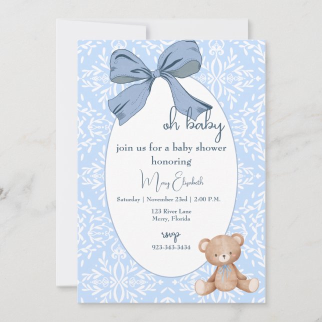 Blue and White Baby boy Shower Toile  Invitation (Front)