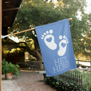 Blue and White Baby Footprints Birth Announcement House Flag
