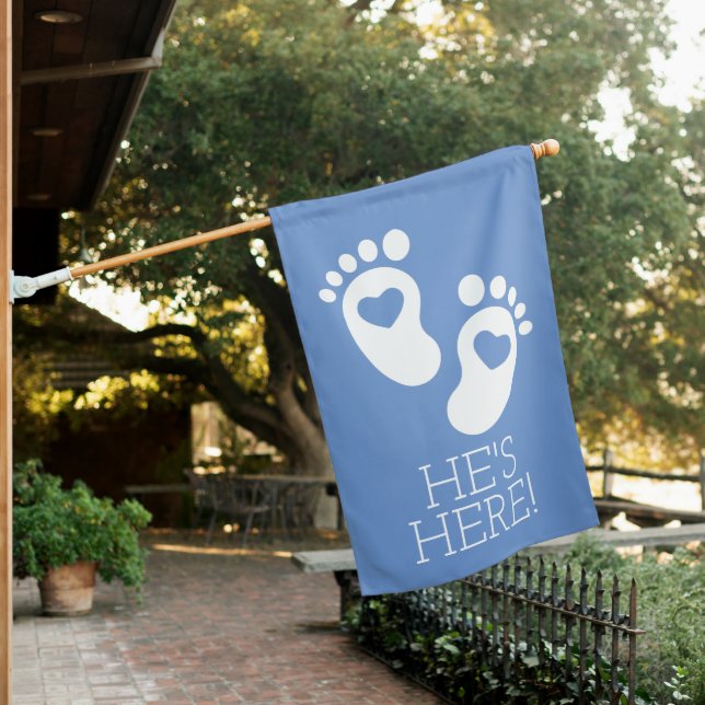 Blue and White Baby Footprints Birth Announcement House Flag (In SItu)