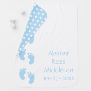 Blue and White Baby Footprints Personalized Baby Blanket
