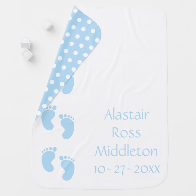 Blue and White Baby Footprints Personalized Baby Blanket (In Situ)