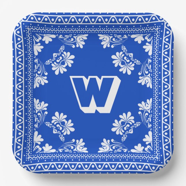 Blue and White Bandana Design With Monogram Paper Plates (Front)