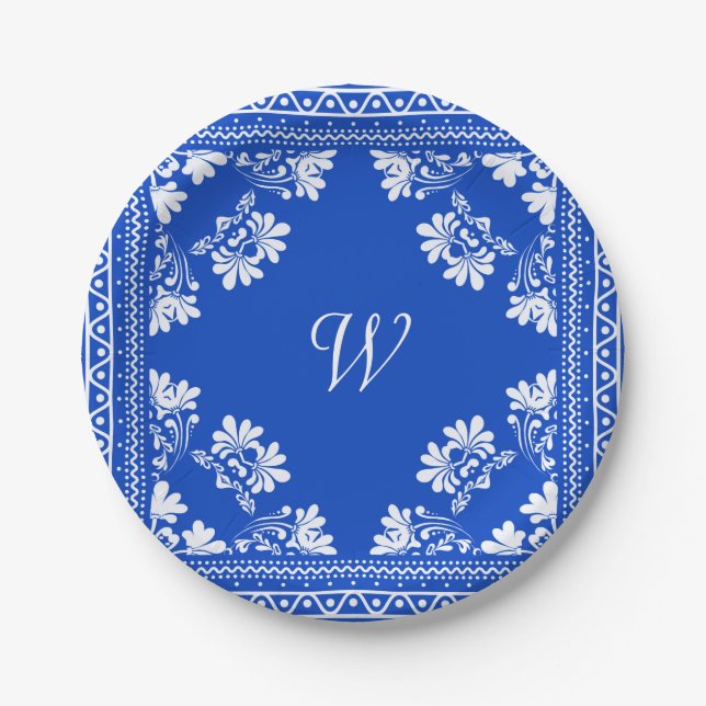 Blue and White Bandana With Monogram Paper Plates (Front)
