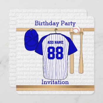 Blue And White Baseball Jersey Birthday Party Invitation by giftsbonanza at Zazzle