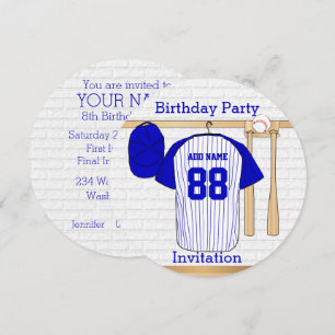 Blue and White Baseball Jersey Birthday Party Invitation