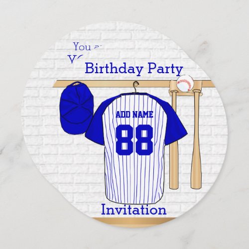 Blue and White Baseball Jersey Birthday Party Invitation
