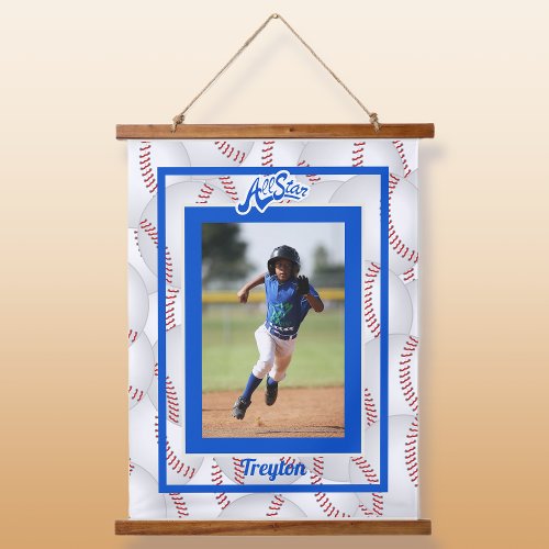 Blue and White Baseball Photo Hanging Tapestry