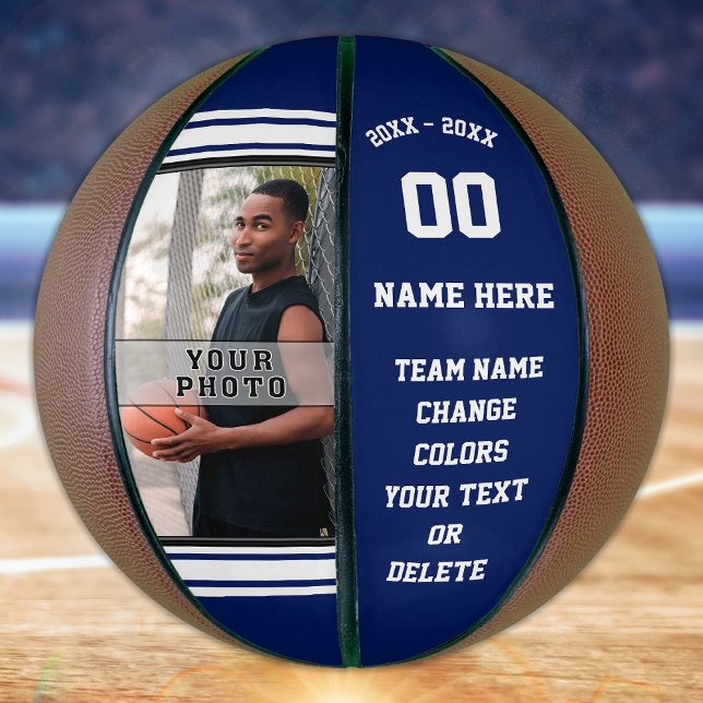 Blue and White Basketball Ball, Your PHOTO, TEXT (Senior Gift Ideas for Basketball. Photo Basketball. Personalized Basketballs. Navy Blue Basketball.)