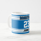 Blue and White Basketball Jersey Coffee Mug (Front Left)