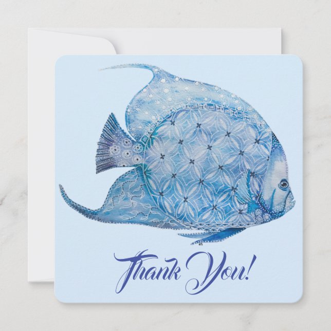 Blue and White Batik Angelfish Thank You Card (Front)