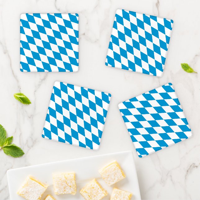 Blue and White Bavaria Diamond Flag Pattern Coaster Set (In Situ)