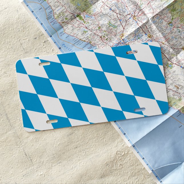 Blue and White Bavaria Diamond Flag Pattern License Plate (In Situ)