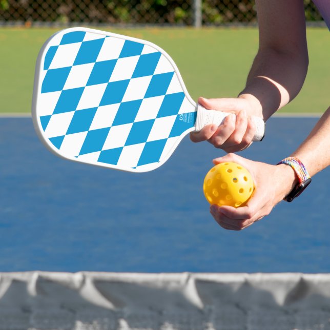 Blue and White Bavaria Diamond Flag Pattern Pickleball Paddle (Insitu)