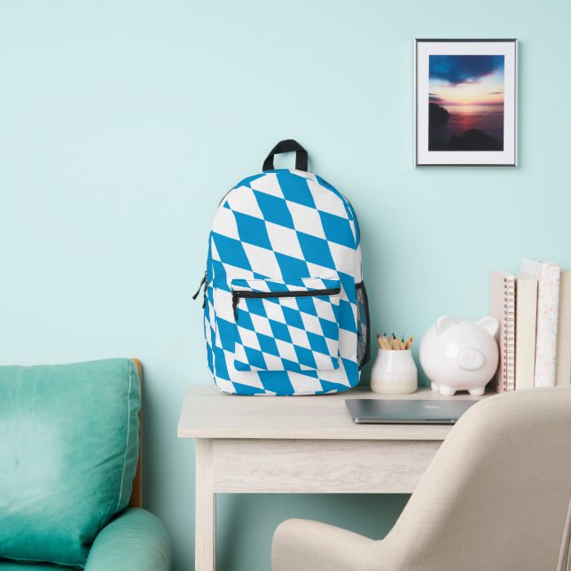 Blue and White Bavaria Diamond Flag Pattern Printed Backpack (Insitu)