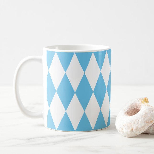 Blue and White Bavaria Rhombus Flag Pattern Coffee Mug (With Donut)