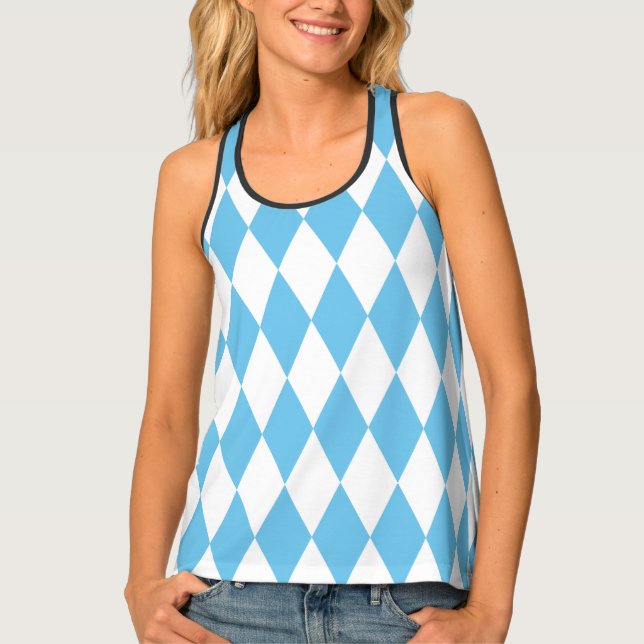 Blue and White Bavaria Rhombus Flag Pattern Tank Top (Front)