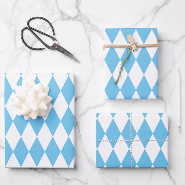 Blue and White Bavaria Rhombus Flag Pattern Wrapping Paper Sheets (Front)