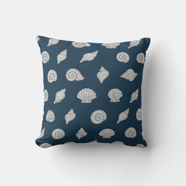 Blue and White Beach Coastal Shells Throw Pillow (Front)