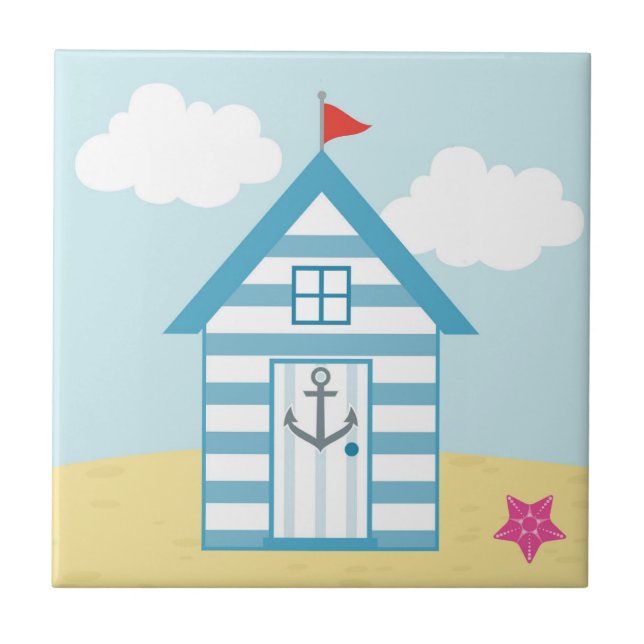 Blue and White Beach Hut Ceramic Tile (Front)