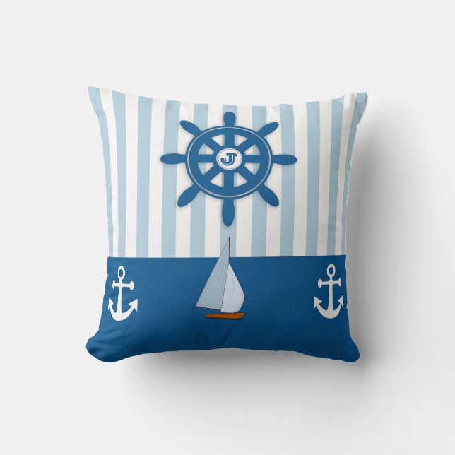 Blue and White Beach Nautical Monogram Throw Pillow (Front)