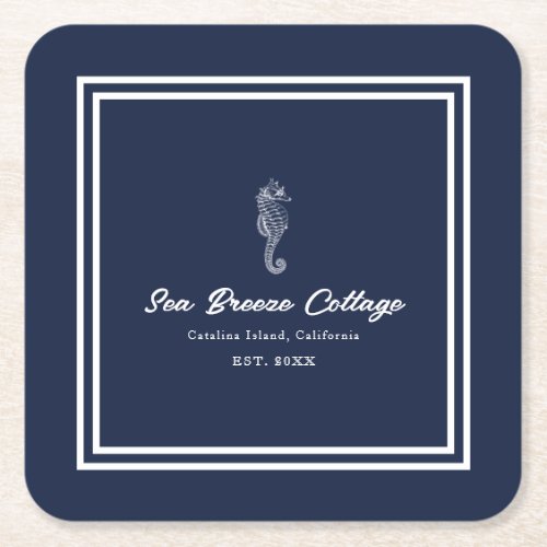 Blue and White Beachy Seahorse Square Paper Coaster