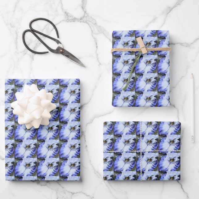 Blue and White Bearded Iris Floral Pattern Wrapping Paper Sheets (Front)
