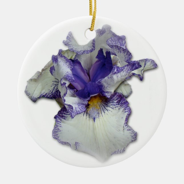 Blue and White Bearded Iris Flower Ceramic Ornament (Front)
