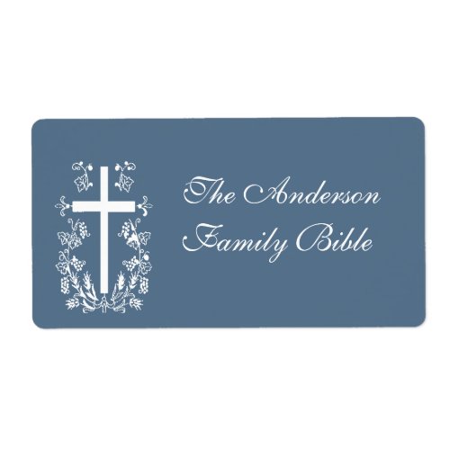 Blue and White Bible Cross Label