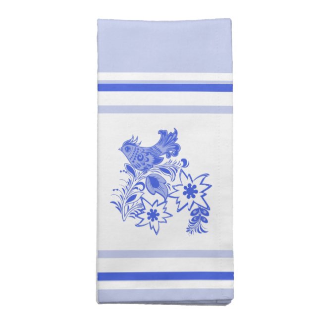 Blue and White Bird and Edelweiss  Cloth Napkin (Folded)