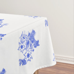 Blue and White Bird and Edelweiss Pattern Tablecloth