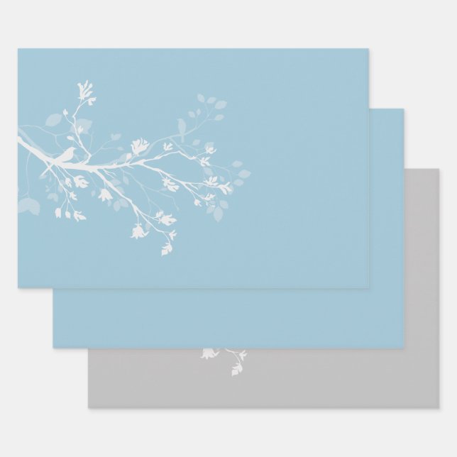 Blue and White Bird Branches Wrapping Paper Sheets (Set)