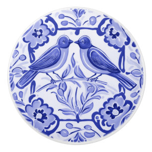 Blue and White Birds Folk Floral Bluebirds Ceramic Knob