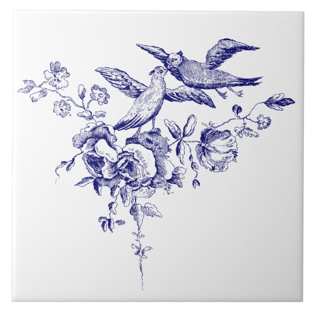 Blue and White Birds On Flowers Ceramic Tile (Front)