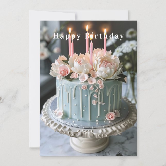 Blue and White Birthday Cake Pink Flowers Candles Card (Front)