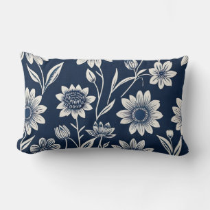 blue and white - Block print-style boho floral Lumbar Pillow