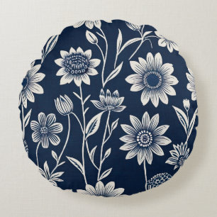 blue and white - Block print-style boho floral  Round Pillow