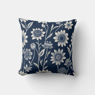 blue and white - Block print-style boho floral Throw Pillow