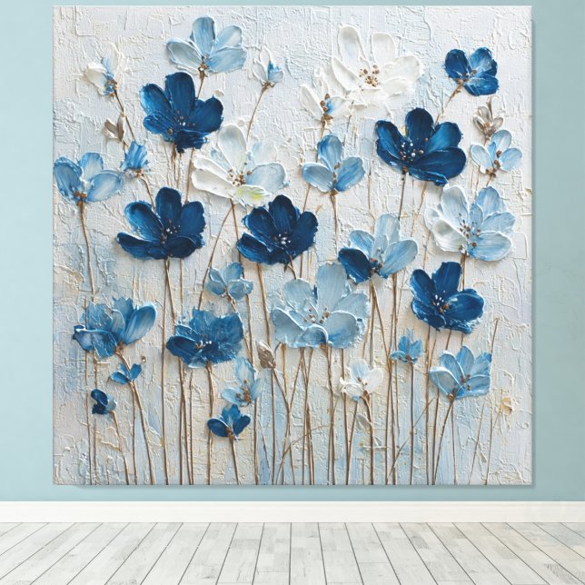 Blue and White Bloom Abstract Wall Art (Insitu(Wood Floor))